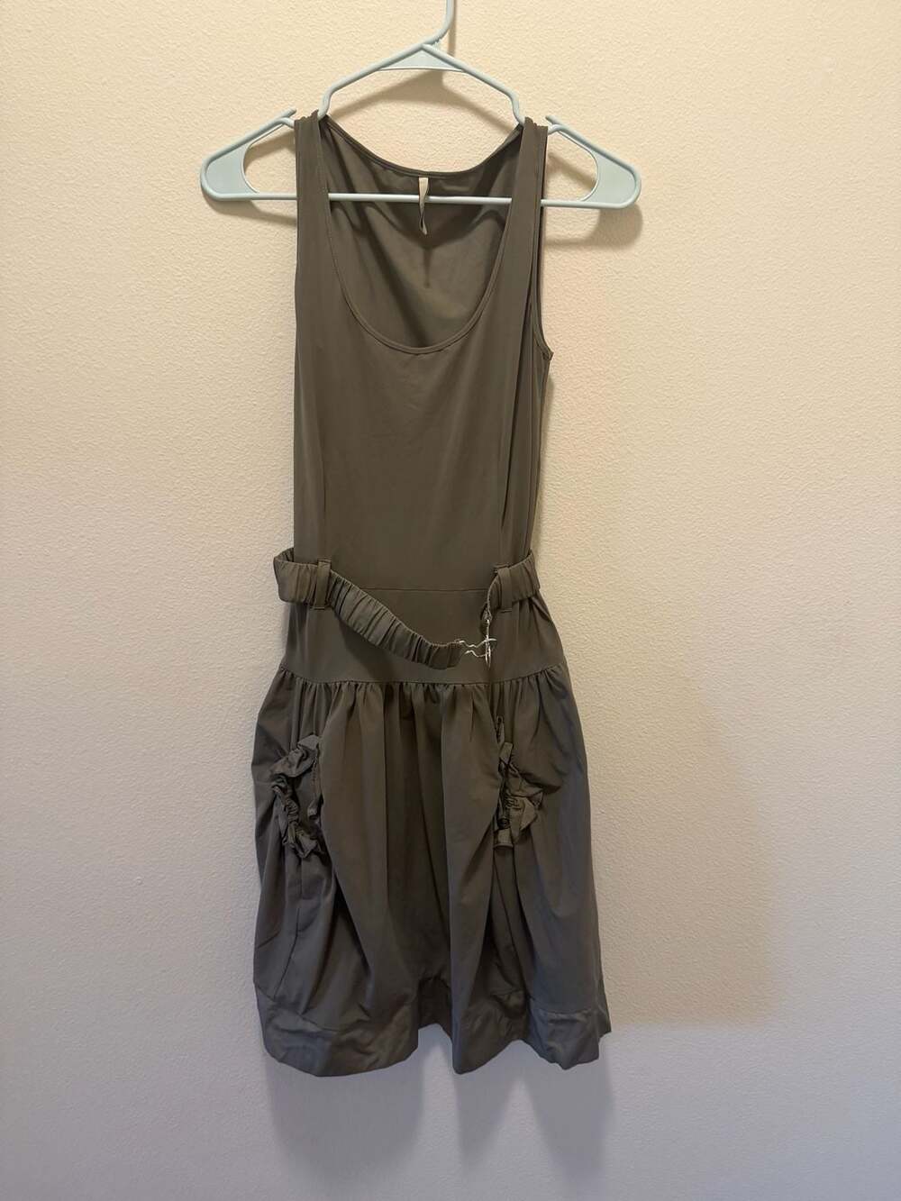 Indies Olive Green Sleeveless Belted Drop-Waist Bubble Hem Dress Size T36